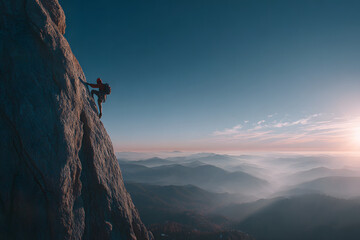 Fototapeta premium Success, life goals, and taking risk concept. Man climbing up a edge of a mountain.