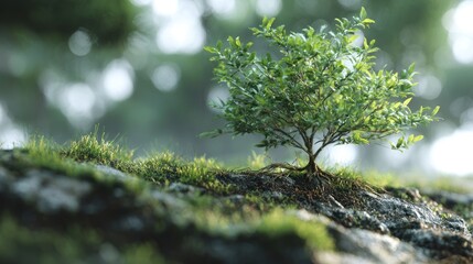 Resilient Sapling Emerging from Mossy Rock - Symbol of Growth and Tenacity