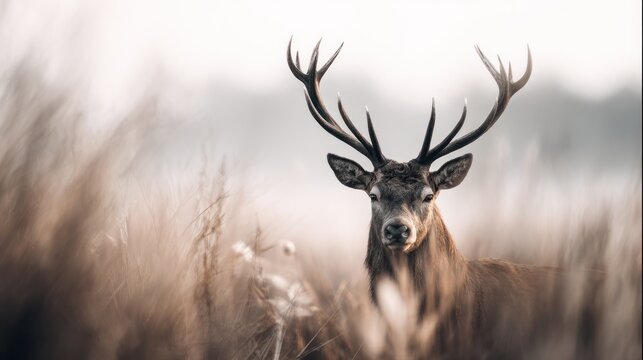 Majestic Stag Portrait Amidst Golden Grass: Capturing Wild Beauty