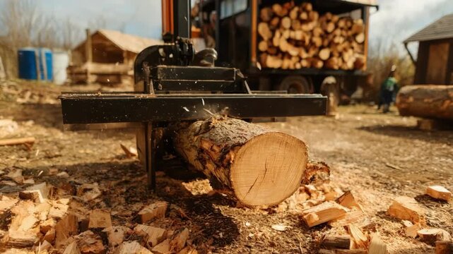 Medium shot of a horizontal hydraulic log splitter efficiently splitting firewood on a rustic farm highlighting the machines ease of use and robust build