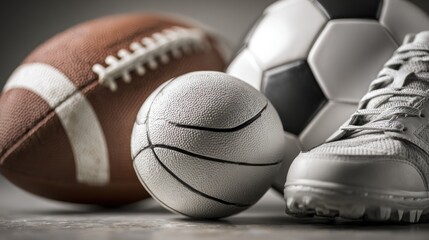 A Collection of Sports Equipment Featuring Football, Basketball, Soccer Ball and Shoes