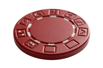 A vibrant red poker chip featuring distinct white stripes and gaming symbols on its rim, isolated against a solid transparent background. background removed
