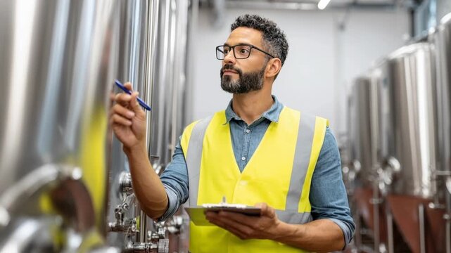 A focused engineer in a safety vest meticulously inspects stainless steel tanks in an industrial facility, noting observations on a clipboard.