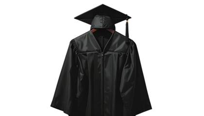 Graduation gown and cap hang against a stark black backdrop