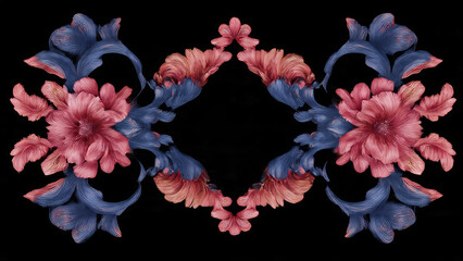 Symmetrical abstract floral design featuring vibrant pink textured flowers and wavy blue botanical elements, creating an elegant ornamental frame on a dark background.