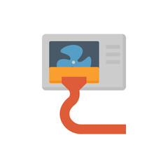 Condenser unit cleaning icon, outdoor part of air conditioning HVAC system. Vacuum cleaner removes dust from heat coil for airflow, cooling, heat ventilation, efficiency and energy savings.