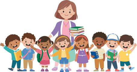 Teacher with children illustration, classroom scene, smiling students, education concept, school group, vector graphic, cheerful, colorful, learning, art