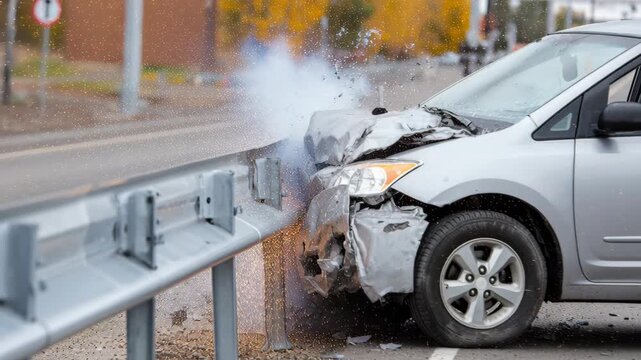 Slow motion video of a car crashing into a guardrail, sparks and debris flying, with extensive front-end damage.