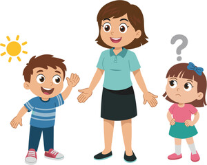 Cartoon family character illustration, boy, woman, girl, emotional expressions, cheerful, puzzled, educational moment, vector graphic, colorful, art