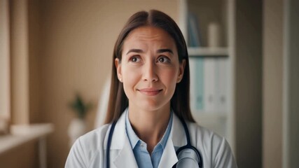 A thoughtful young female doctor in a white coat looking up with a hopeful and gentle expression in her clinic office
