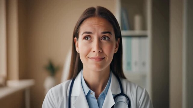 A thoughtful young female doctor in a white coat looking up with a hopeful and gentle expression in her clinic office