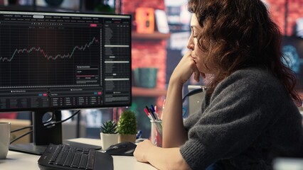 Frustrated entrepreneur tracking stock market growth on dual monitors, analyzing trends and liquidity. Trading interface enables informed buying and selling decisions, market crash. Camera B.