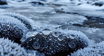 Close up of frozen water droplets and ice crystals on dark rocks near a flowing river