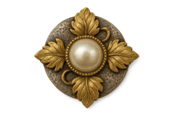 Ornate antique emblem with pearl and gold, isolated on transparent background.