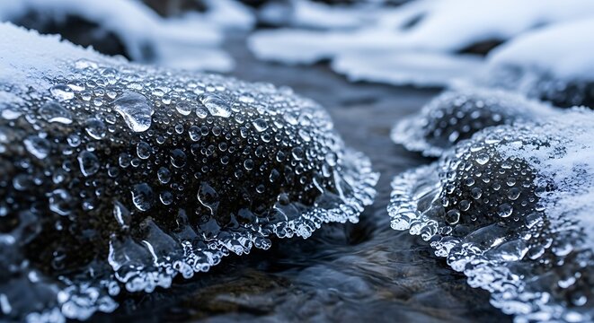 Close up of frozen rocks with water droplets and snow in a flowing stream scene