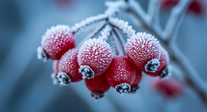 Close up of frosted red berries on a branch with a blurred blue background winter scene