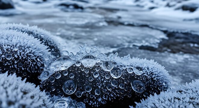 Close up of frozen water droplets and ice crystals on dark rocks near a flowing river - Powered by Adobe