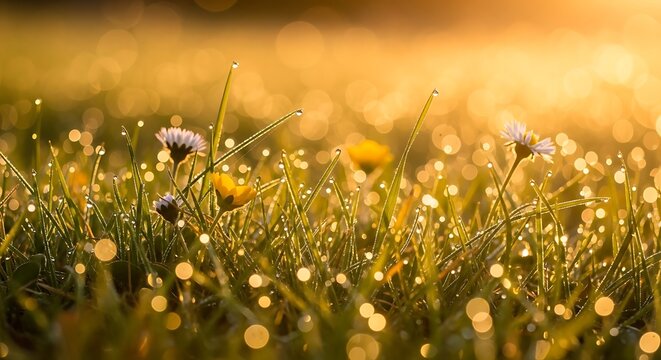 Close up of grass and flowers covered in morning dew illuminated by golden sunlight - Powered by Adobe