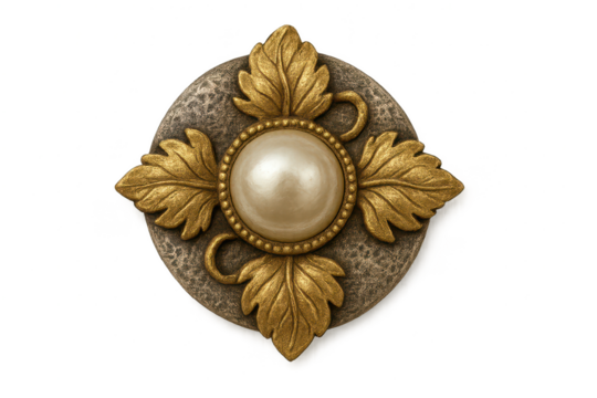 Ornate antique emblem with pearl and gold, isolated on transparent background.