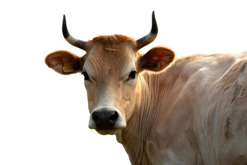 Naklejka premium A light brown cow with horns and an ear tag looks directly at the viewer, isolated against a transparent background, perfect for cutout. background removed