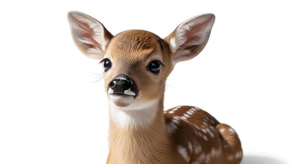 Fototapeta premium Close-up portrait of a fawn with brown fur and white spots, looking directly at the viewer.
