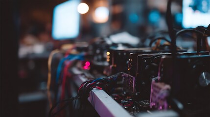 CLOSE UP DETAILS OF TANGLED WIRES AND HARDWARE COMPONENTS ON A COMPUTING RIG ILLUSTRATING ELECTRONIC ENGINEERING AND THE COMPLEXITY OF DATA PROCESSING SYSTEMS