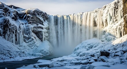 A scenic view of a large waterfall cascading down a rocky cliff covered in snow and ice