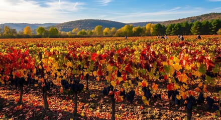 A vineyard in autumn with colorful leaves and grapes ready for harvest under blue sky