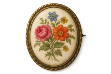 Elegant vintage floral artwork in ornate gold oval frame, transparent background