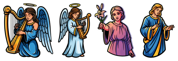 Obraz premium Angel and Saint Character Set. Collection of Religious Christian Figures. Cartoon Vector Illustration.