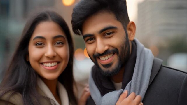 A joyful young South Asian couple with beaming smiles looks at the camera, sharing an affectionate moment on a city street