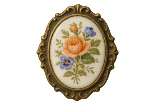 Ornate antique oval floral painting, isolated, transparent background.