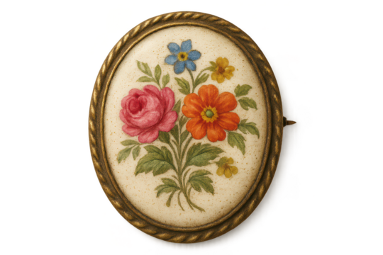 Elegant vintage floral artwork in ornate gold oval frame, transparent background