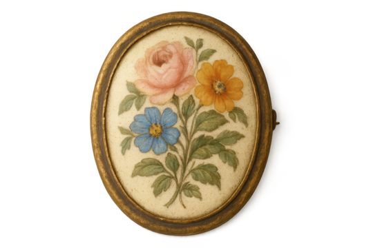 Ornate oval floral painting in gold frame isolated on transparent background