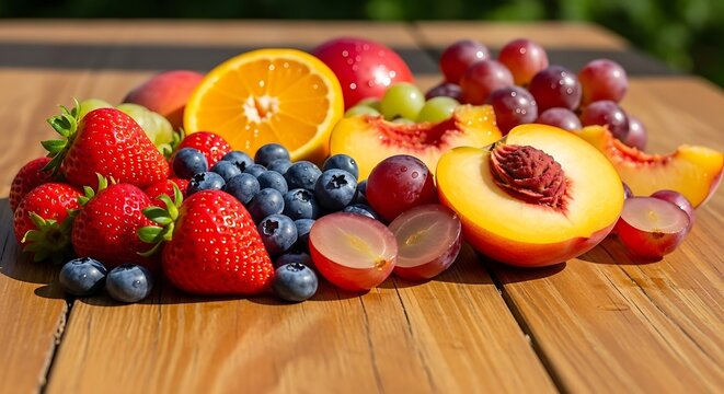 A vibrant display of fresh fruits including strawberries grapes and sliced orange peach