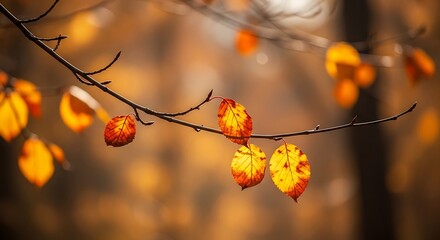 A close up of autumn leaves on a branch with a blurred background in soft light