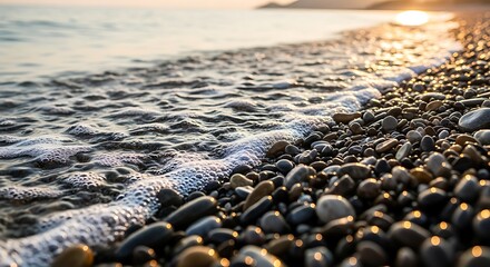 Close up view of waves washing onto a pebble beach during a golden sunset scene