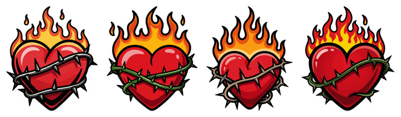 Sacred Heart of Jesus with flames and crown of thorns — devotional Catholic symbol vector set