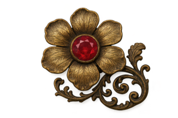 Decorative antique metal flower with red gemstone, transparent background.