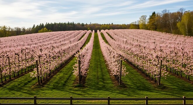 Aerial view of orchard with rows of flowering trees in spring under a blue sky day - Powered by Adobe