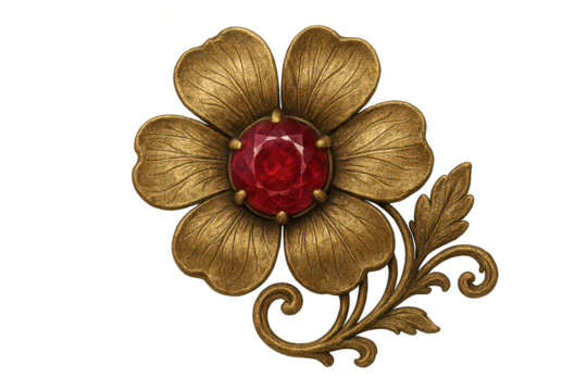 Antique golden flower brooch with red gem, isolated on transparent background