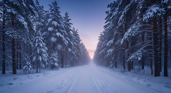 Snowy path through a forest of pine trees covered in snow during a winter sunset - Powered by Adobe