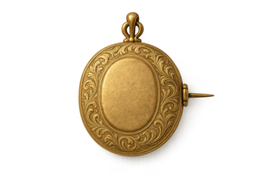 Ornate golden antique locket, elegantly engraved, isolated on transparent background