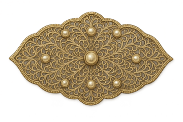 Ornate gold filigree decorative accent with pearls, isolated on clear