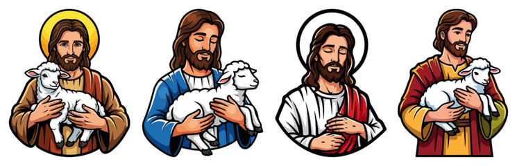 Jesus Christ the Good Shepherd Vector Icon Set. Collection of Christian Portraits with Lamb.