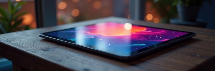 Dark wooden tabletop with a modern digital tablet , grain, polished