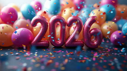 Colorful celebration with glittery numbers welcoming the year 2026 amidst balloons and confetti in a festive atmosphere