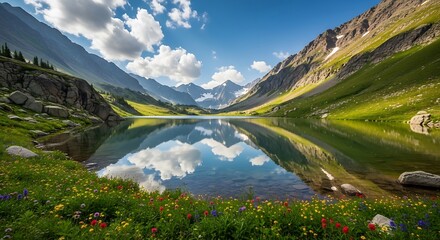 Serene mountain lake reflecting sky and mountains surrounded by wildflowers and greenery