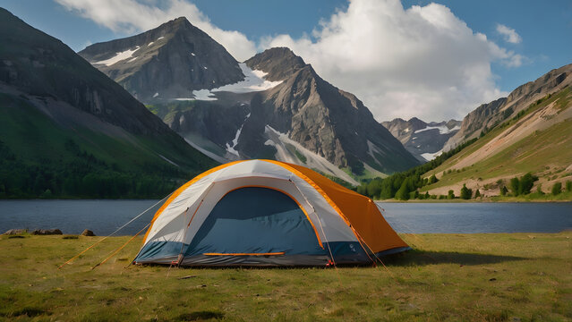 Serene campsite with an orange tent pitched by a tranquil alpine lake surrounded by majestic snow-capped mountains