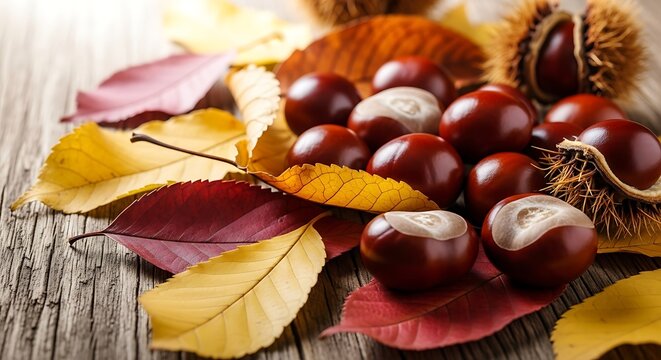 Close up of chestnuts and autumn leaves on a wooden surface in a warm color palette